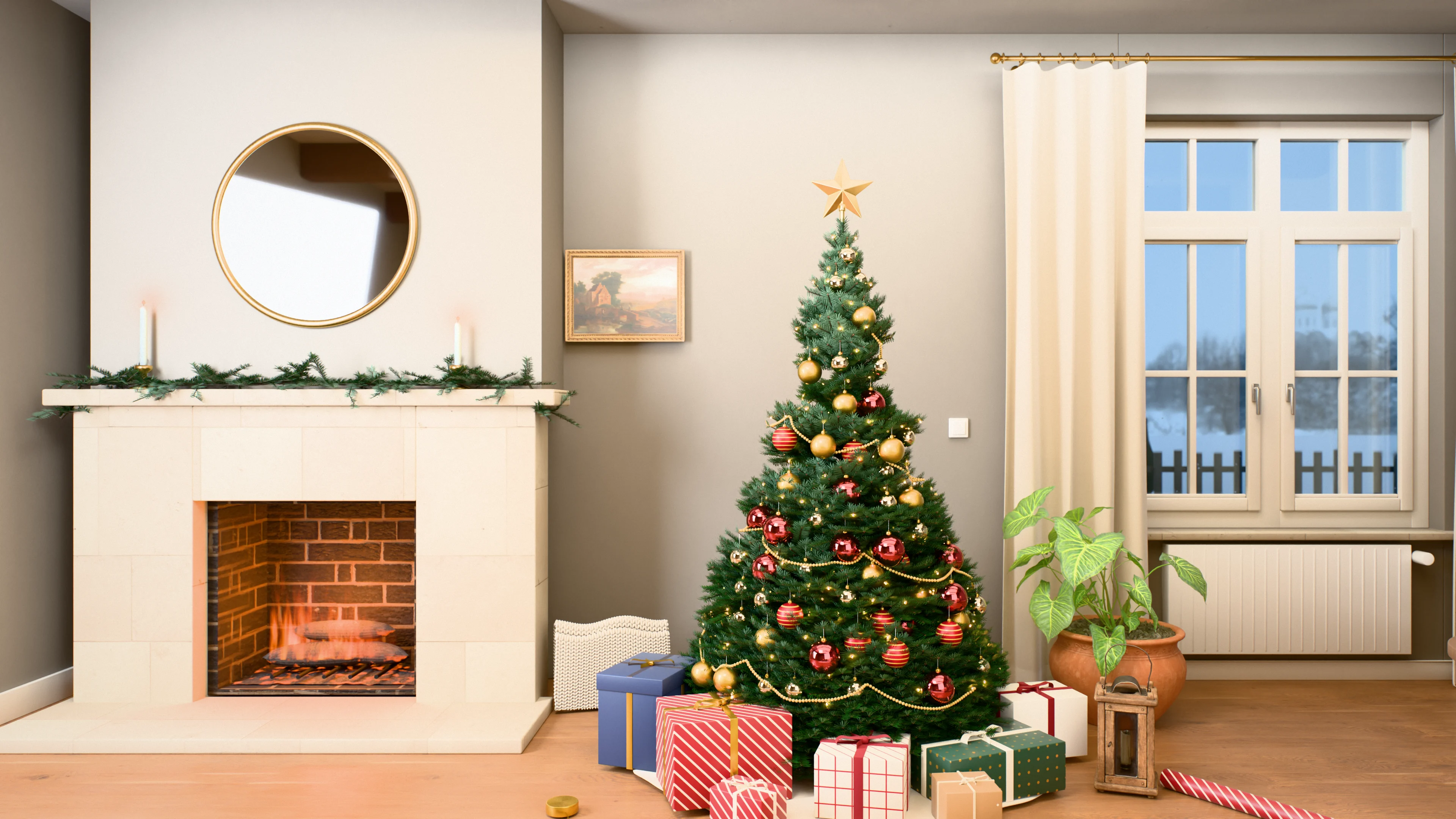 Decorated Christmas tree in a bright living room with warm fairy lights, red and gold baubles, a beaded garland and a golden star