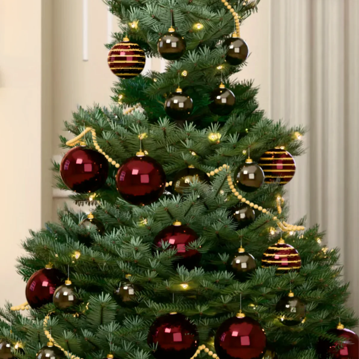 3D rendering: the centre of a tree with high gloss baubles, lights and a beaded garland